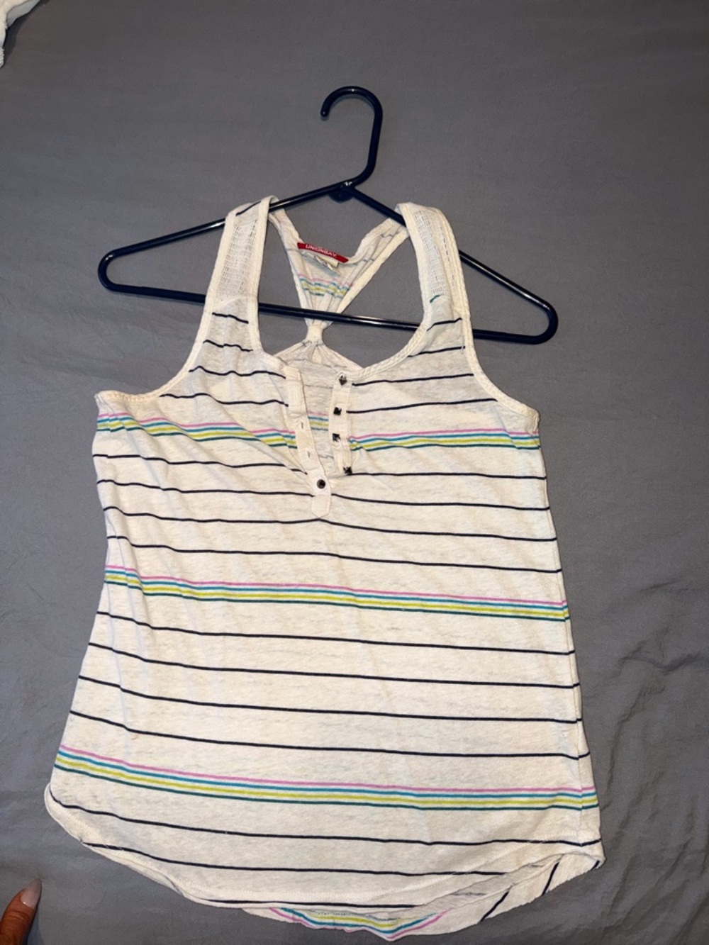 UNIONBAY Cream Racerback Tank with Navy and Multicolor Stripes - M